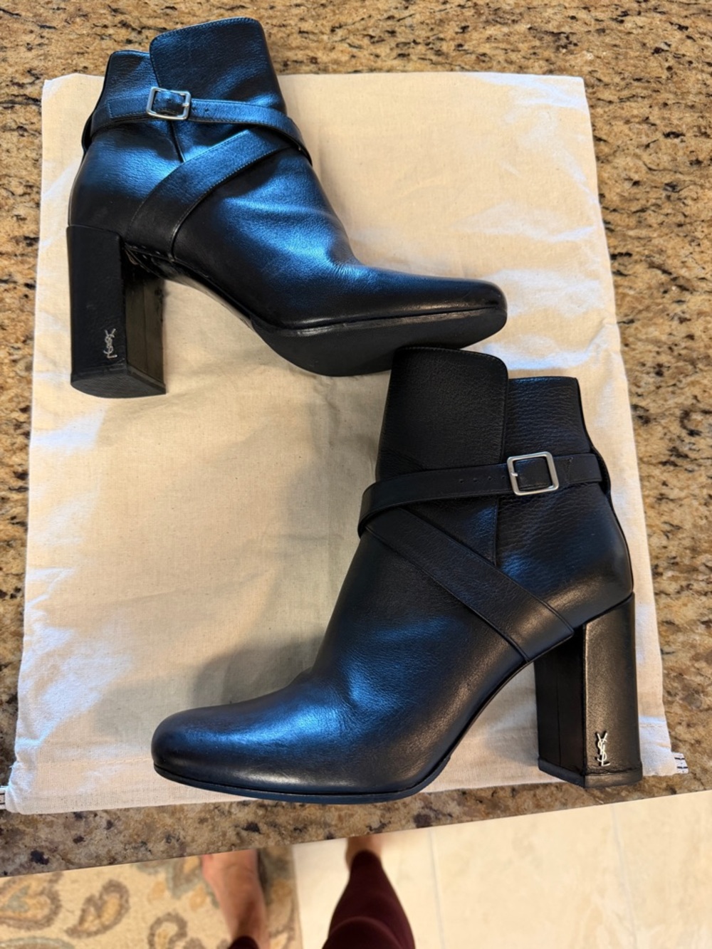 Saint Laurent Black Leather Ankle Booties with Buckle Strap